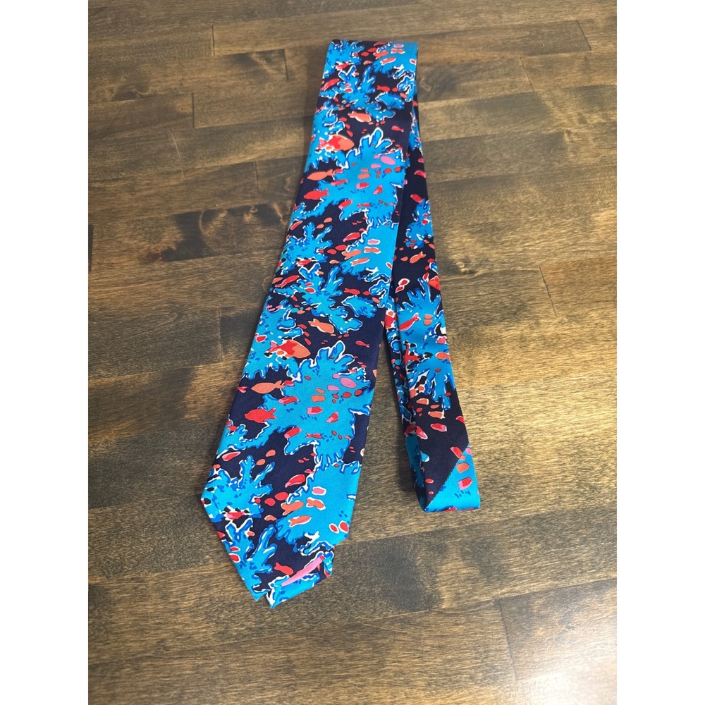 Lilly Pulitzer Mens Silk Tie Navy Blue Turquoise Coral Reef Fish Coastal Print
